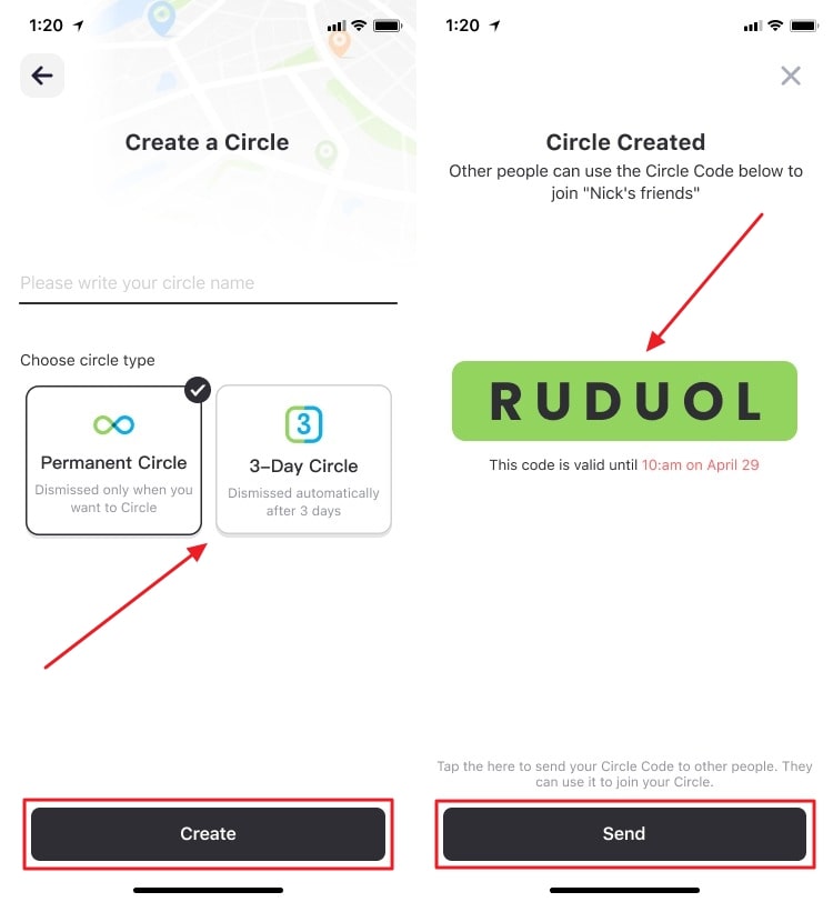 choose circle type and send code 