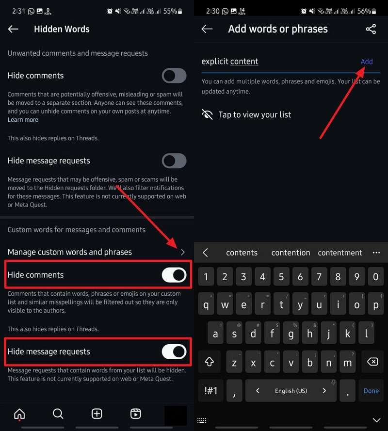toggle hidden comments and messages 