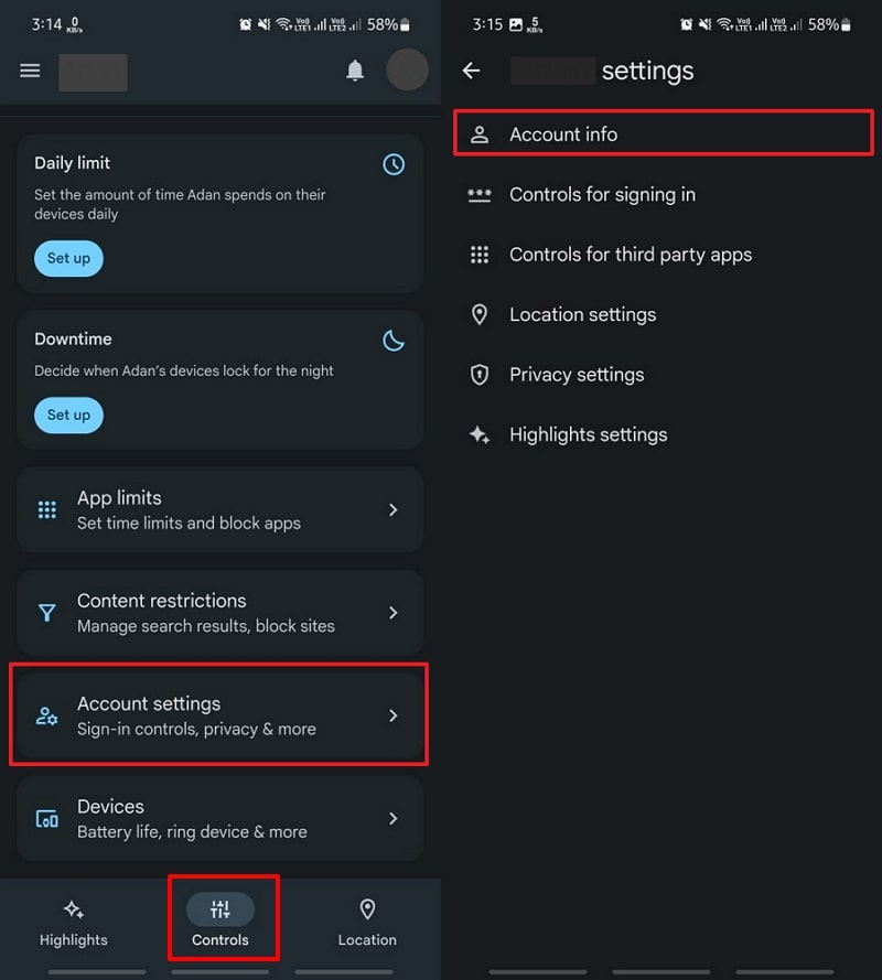 access account info settings 