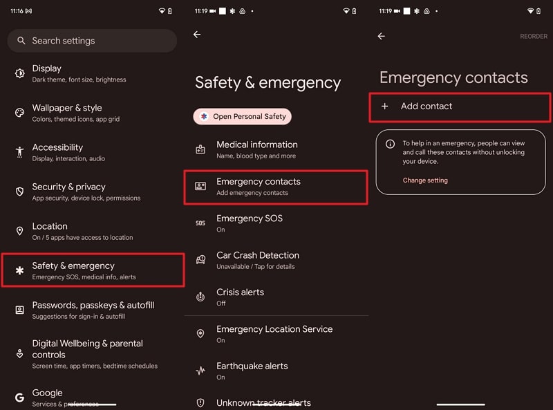 add emergency contact through settings