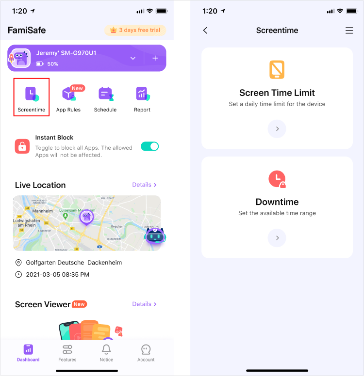 FamiSafe screen time interface